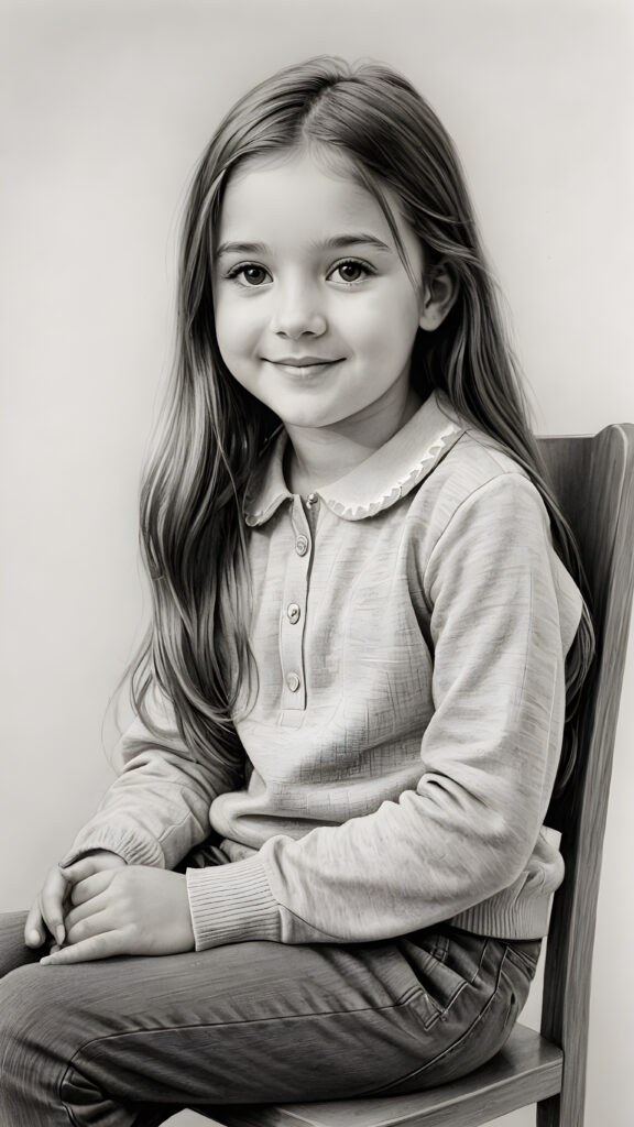 ((detailed pencil drawing)) a young cute girl, 12 years old, sits on a chair and looks sideways at the viewer. She has long, straight hair and smiles slightly