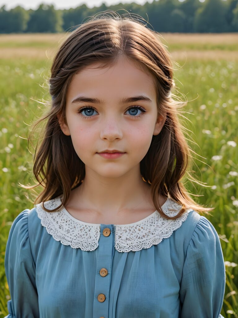 ((detailed perfect portrait)), young girl, 13 years old, stands in a meadow. She is dressed in classic 1800 style, she look at the viewer, detailed shiny straight brown hair, blue eyes, round detailed face, achieving an (8K resolution)