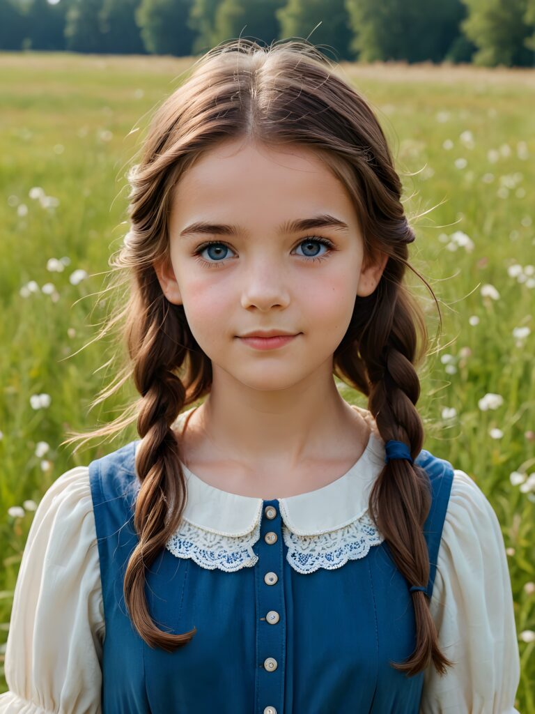 ((detailed perfect portrait)), young girl, 13 years old, stands in a meadow. She is dressed in classic 1800 style, she look at the viewer, detailed shiny straight brown hair, blue eyes, round detailed face, achieving an (8K resolution)