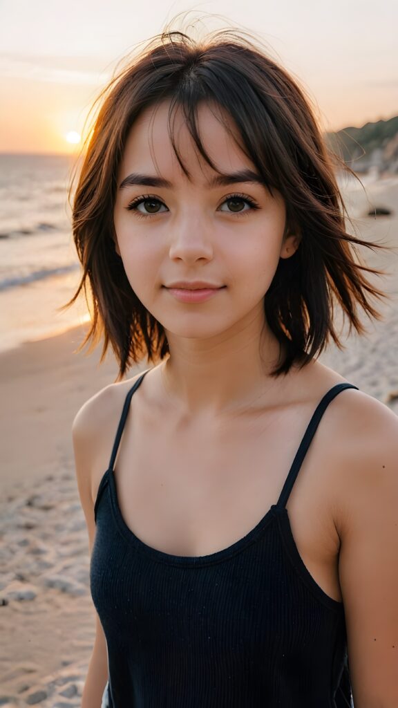 detailed photo: a teen emo girl with soft dark shoulder-length straight hair framing her face in gentle bangs, detailed round face, ((on a lonely beach with a sunrise)), she wears a thin tank top made of fine wool, view from above, warm smile