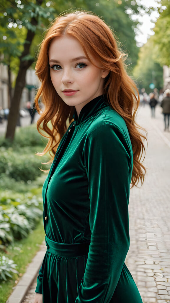 detailed photo: a girl with ginger hair wearing velvet green clothes