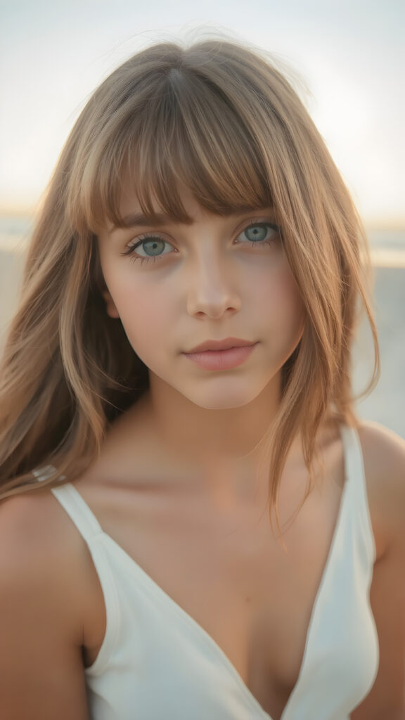 detailed photo: a teen tanned girl with soft hazelnut very long straight hair framing her face in gentle bangs, ((on a lonely beach with a sunrise)), she wears a thin tank top made of white silk, deep v-neck