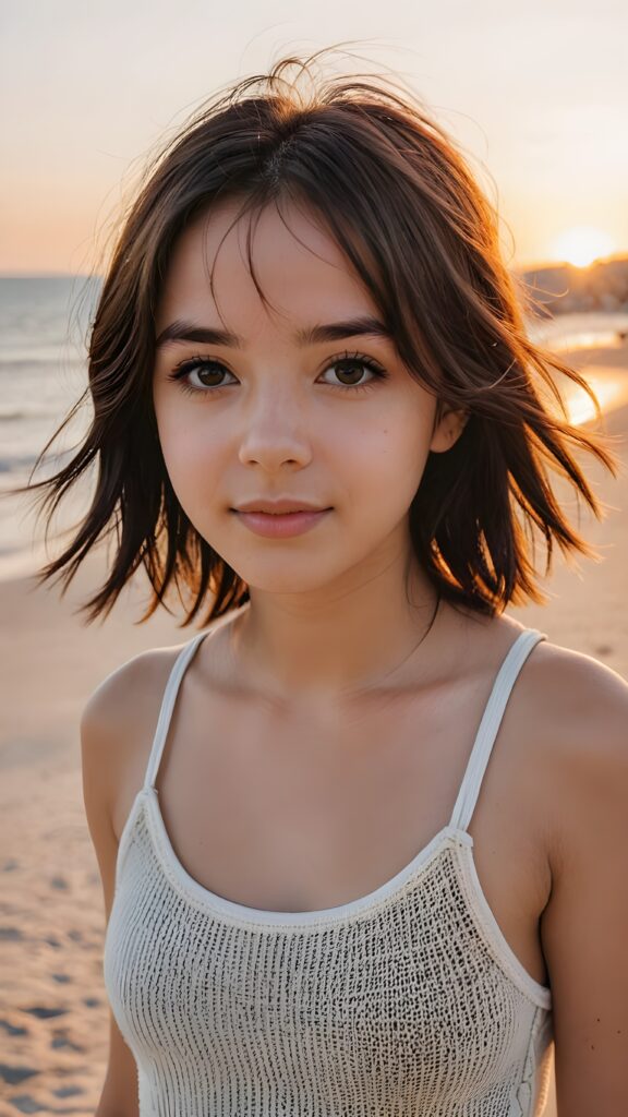 detailed photo: a teen emo girl with soft dark shoulder-length straight hair framing her face in gentle bangs, detailed round face, ((on a lonely beach with a sunrise)), she wears a thin tank top made of fine wool, view from above, warm smile