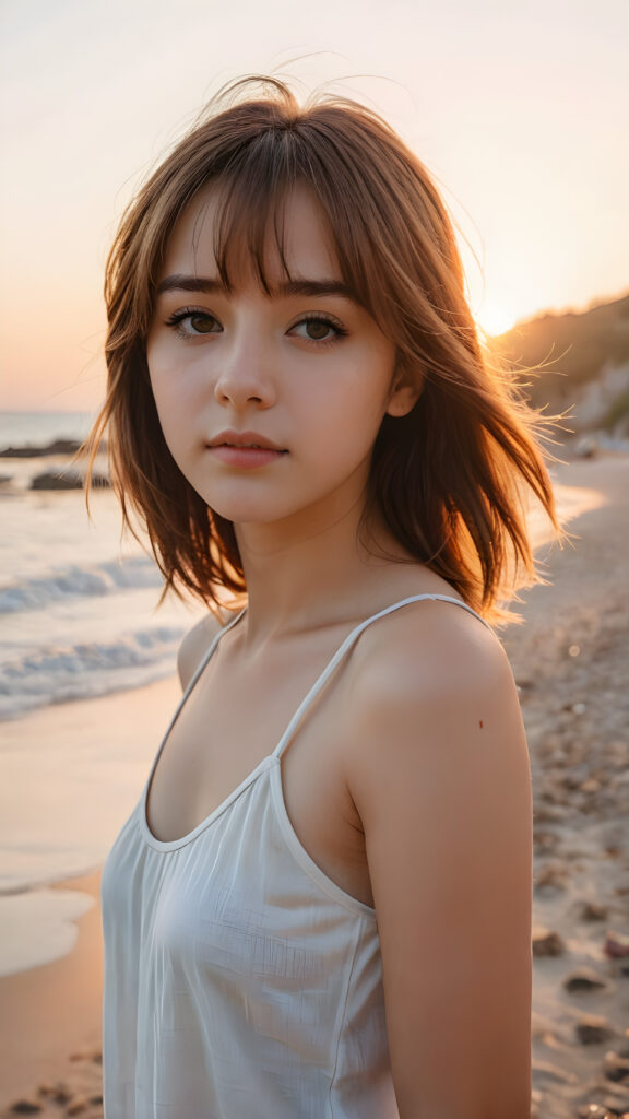 detailed photo: a teen emo girl with soft hazelnut shoulder-length straight hair framing her face in gentle bangs, ((on a lonely beach with a sunrise)), she wears a thin tank top made of silk