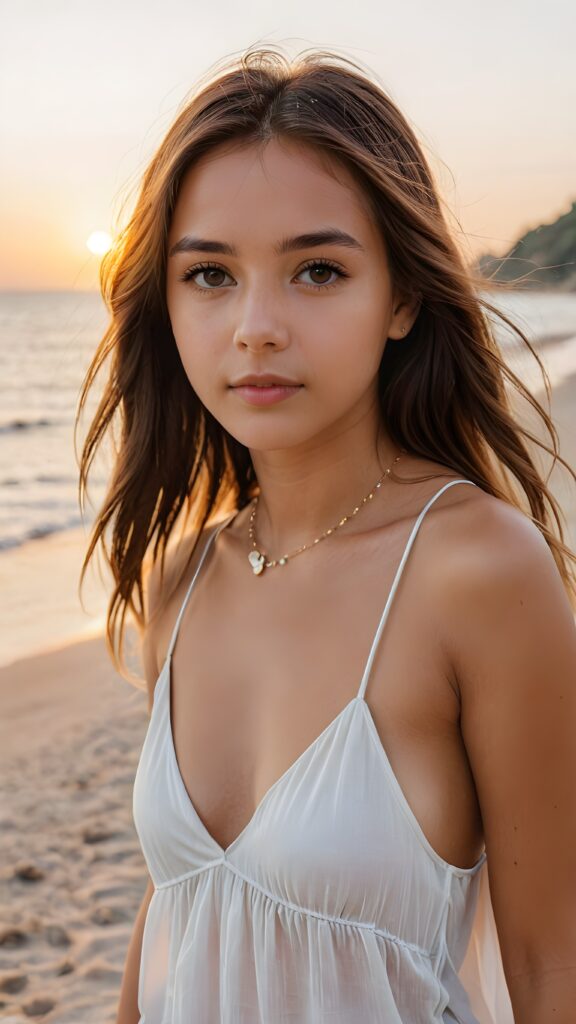 detailed photo: a teen tanned girl with soft hazelnut very long straight hair framing her face in gentle bangs, ((on a lonely beach with a sunrise)), she wears a thin tank top made of white silk, deep v-neck