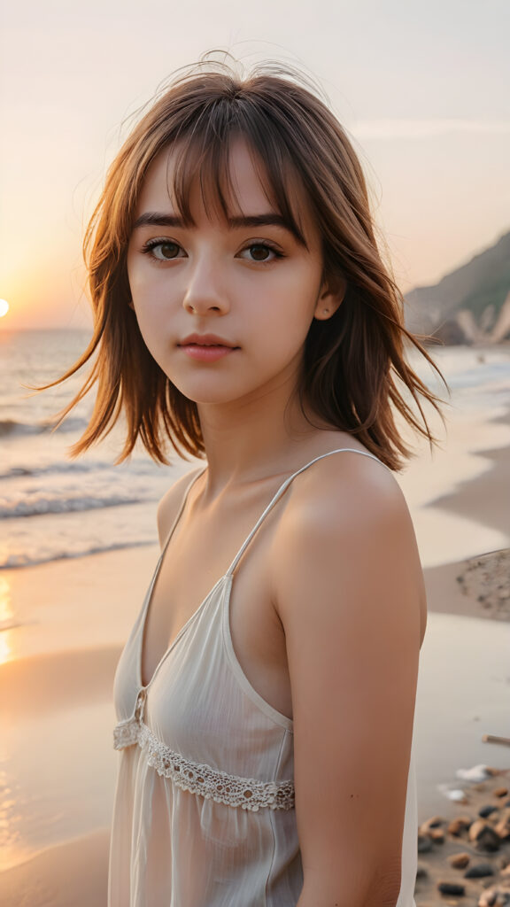 detailed photo: a teen emo girl with soft hazelnut shoulder-length straight hair framing her face in gentle bangs, ((on a lonely beach with a sunrise)), she wears a thin tank top made of silk