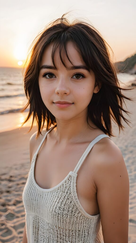 detailed photo: a teen emo girl with soft dark shoulder-length straight hair framing her face in gentle bangs, detailed round face, ((on a lonely beach with a sunrise)), she wears a thin tank top made of fine wool, view from above, warm smile