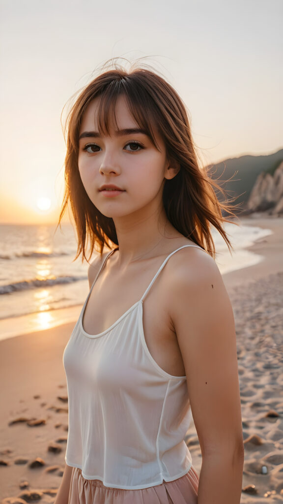 detailed photo: a teen emo girl with soft hazelnut shoulder-length straight hair framing her face in gentle bangs, ((on a lonely beach with a sunrise)), she wears a thin tank top made of silk