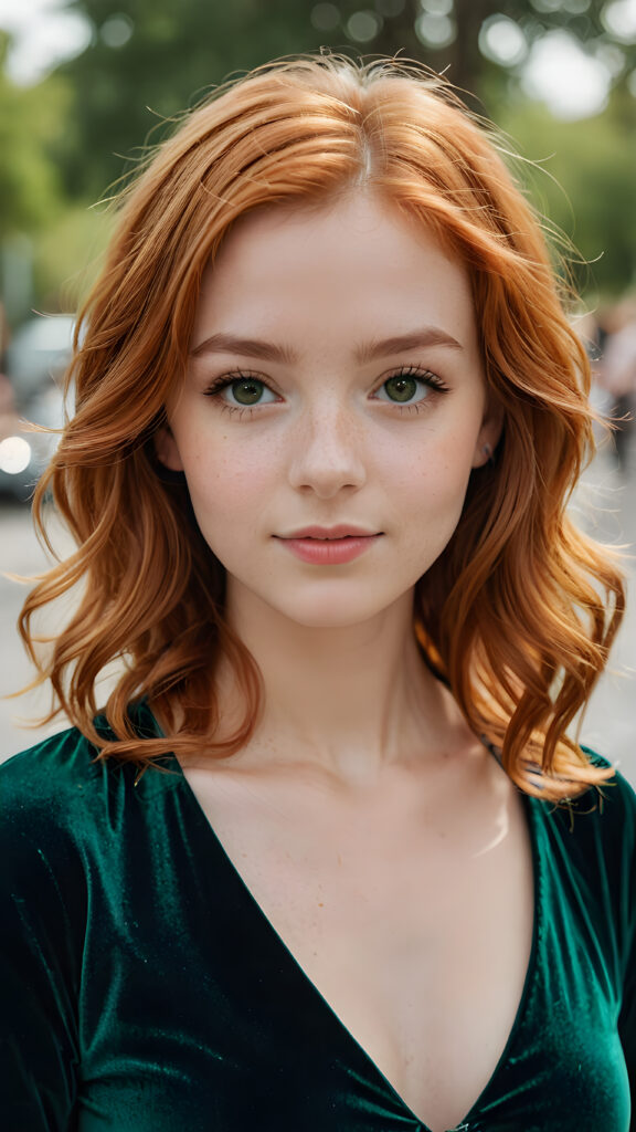 detailed photo: a girl with ginger hair wearing velvet green clothes