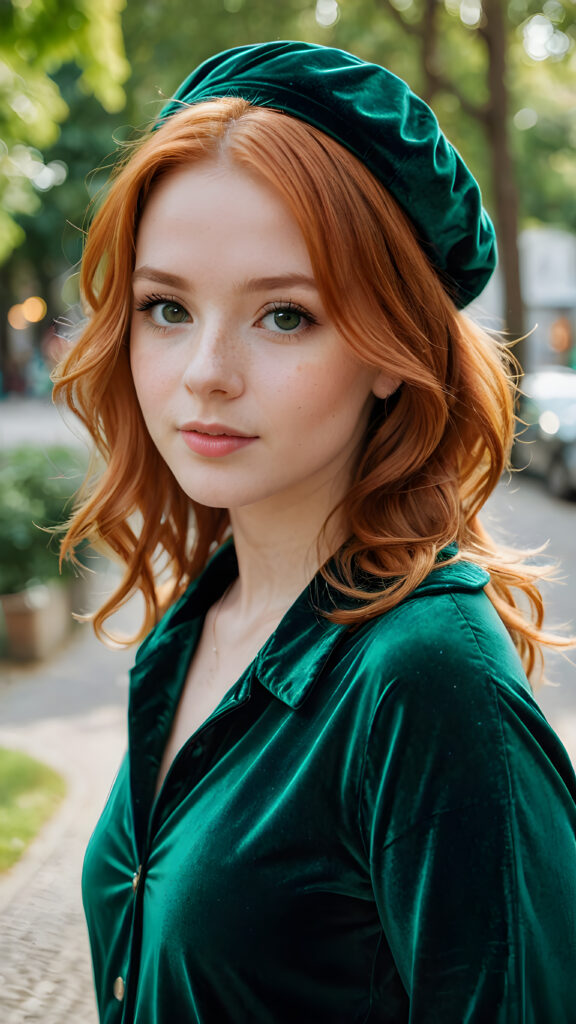 detailed photo: a girl with ginger hair wearing velvet green clothes