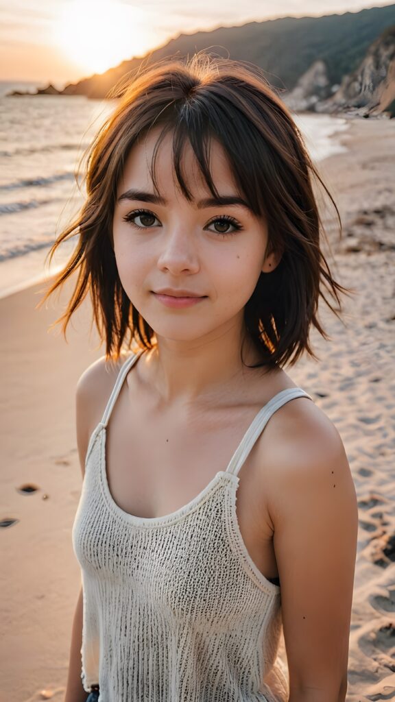 detailed photo: a teen emo girl with soft dark shoulder-length straight hair framing her face in gentle bangs, detailed round face, ((on a lonely beach with a sunrise)), she wears a thin tank top made of fine wool, view from above, warm smile