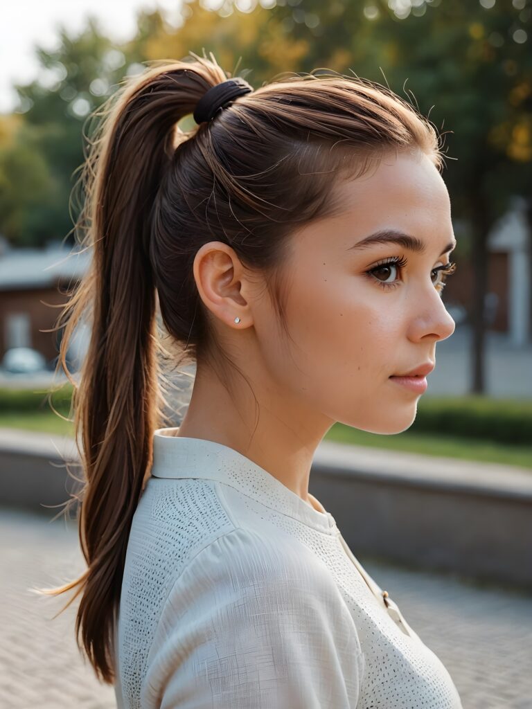 (detailed portrait, side view)) a girl, brown hair, her hair tied into a pony tail