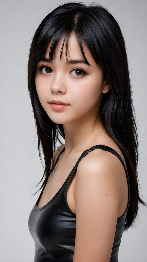 ((detailed, realistic)) ((portrait)) of (((cute and gorgeous))) ((long, straight black hair)) ((stunning)) a beautifully ((teen girl)), 15 years old, bangs cut, angelic round face, ((black eye)) looks at the camera, perfect curved body, (wears a super short tight (black tank top) made of latex), white background, side view, ((no background)), cinematic dimmed light