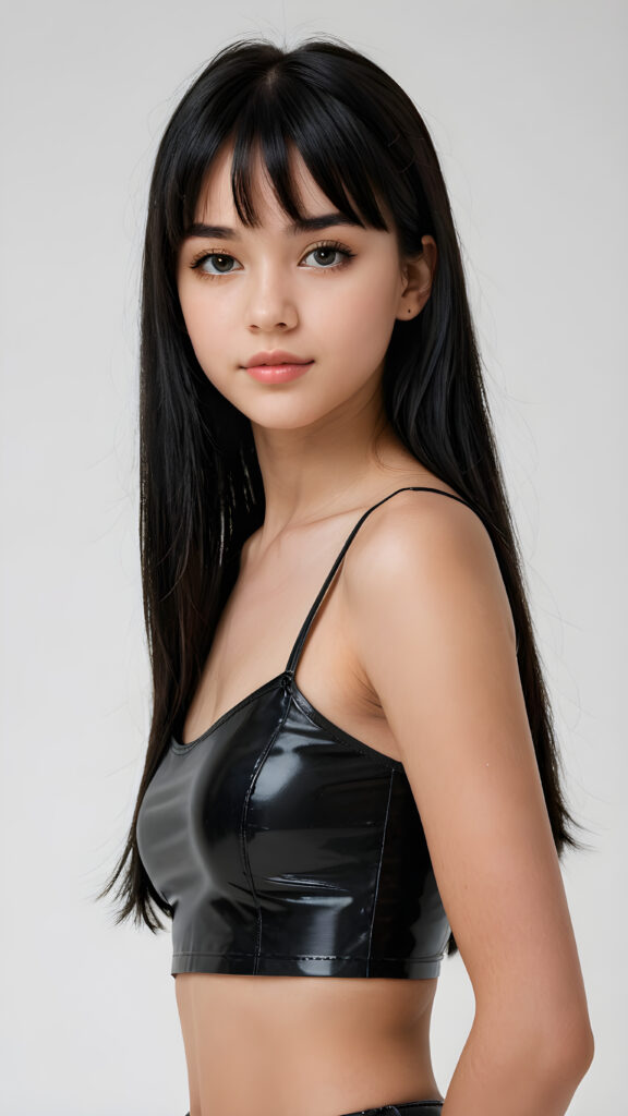 ((detailed, realistic)) ((portrait)) of (((cute and gorgeous))) ((long, straight black hair)) ((stunning)) a beautifully ((teen girl)), 15 years old, bangs cut, angelic round face, ((black eye)) looks at the camera, perfect curved body, (wears a super short tight (black crop top) made of latex), white background, side view, ((no background)), cinematic dimmed light