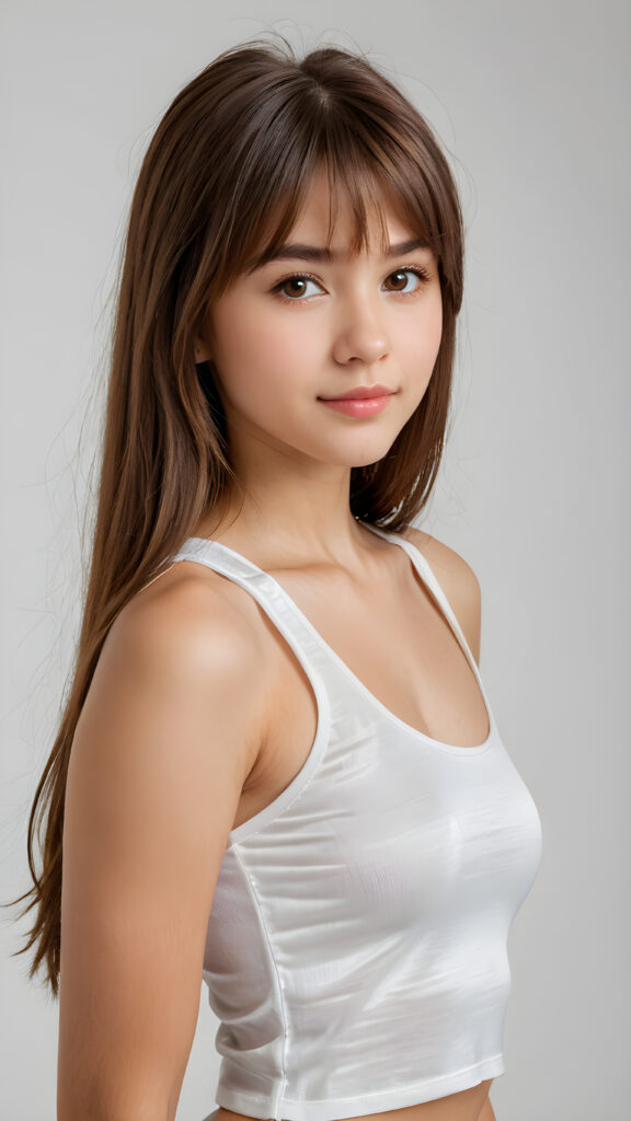 ((detailed, realistic)) ((portrait)) of (((cute and gorgeous))) ((long, straight brown hair)) ((stunning)) a beautifully ((teen girl)), 15 years old, bangs cut, angelic round face, ((hazelnut eye)) looks at the camera, perfect curved body, (wears a super short tight (white tank top) made on thin silk), perfect anatomy, white background, side view, ((no background)), cinematic dimmed light