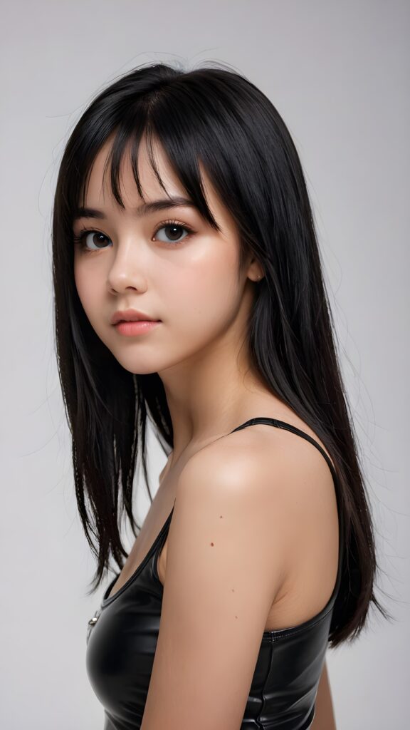 ((detailed, realistic)) ((portrait)) of (((cute and gorgeous))) ((long, straight black hair)) ((stunning)) a beautifully ((teen girl)), 15 years old, bangs cut, angelic round face, ((black eye)) looks at the camera, perfect curved body, (wears a super short tight (black tank top) made of latex), white background, side view, ((no background)), cinematic dimmed light