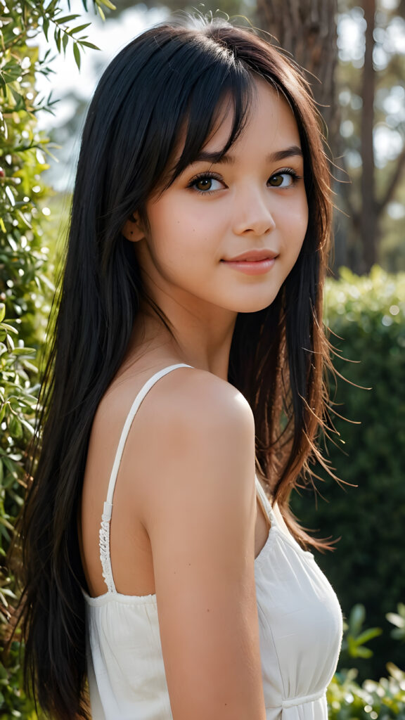 ((detailed, realistic)) ((portrait)) of (((cute and gorgeous))) ((long, straight black hair)) ((stunning)) a beautifully ((young teen girl)), bangs cut, angelic round face, ((black eye)) looks at the camera, perfect curved body, white background, side view, ((no background)), cinematic dimmed light, thin white dressed in a tank top, warm smile. She stands in front of a large green hedge of cypress trees