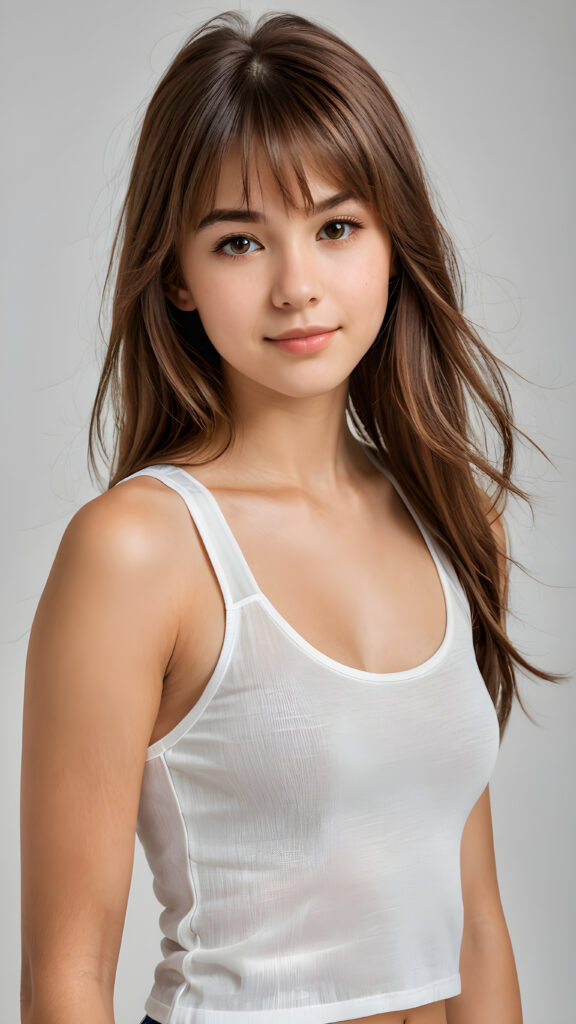 ((detailed, realistic)) ((portrait)) of (((cute and gorgeous))) ((long, straight brown hair)) ((stunning)) a beautifully ((teen girl)), 15 years old, bangs cut, angelic round face, ((hazelnut eye)) looks at the camera, perfect curved body, (wears a super short tight (white tank top) made on thin silk), perfect anatomy, white background, side view, ((no background)), cinematic dimmed light