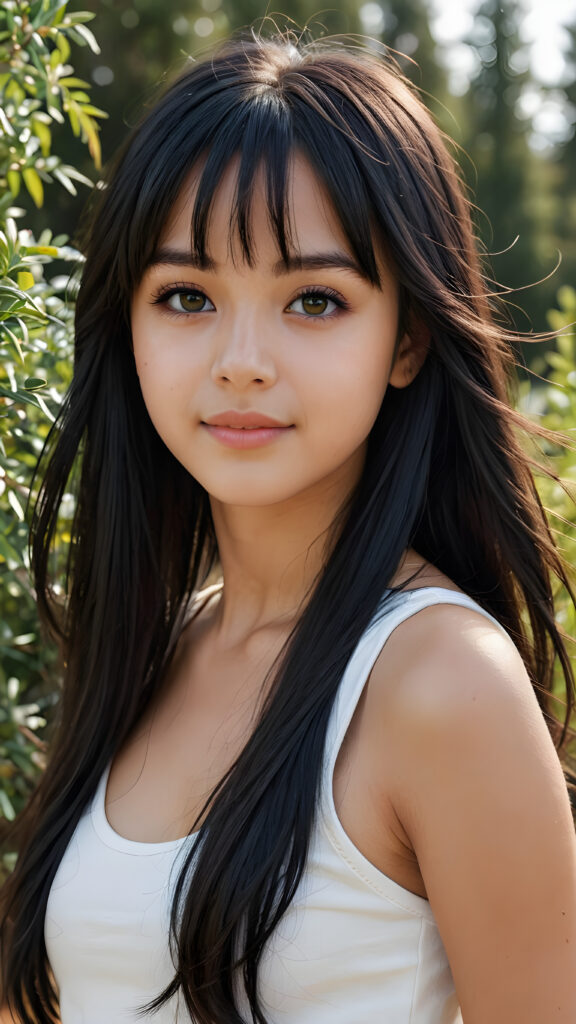 ((detailed, realistic)) ((portrait)) of (((cute and gorgeous))) ((long, straight black hair)) ((stunning)) a beautifully ((young teen girl)), bangs cut, angelic round face, ((black eye)) looks at the camera, perfect curved body, white background, side view, ((no background)), cinematic dimmed light, thin white dressed in a tank top, warm smile. She stands in front of a large green hedge of cypress trees