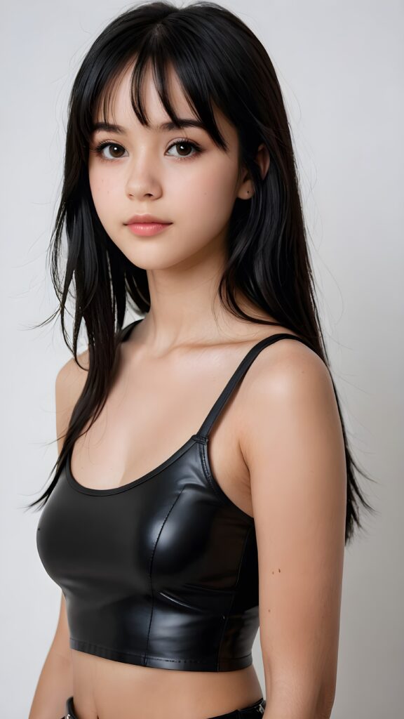 ((detailed, realistic)) ((portrait)) of (((cute and gorgeous))) ((long, straight black hair)) ((stunning)) a beautifully ((teen girl)), 15 years old, bangs cut, angelic round face, ((black eye)) looks at the camera, perfect curved body, (wears a super short tight (black tank top) made of latex), white background, side view, ((no background)), cinematic dimmed light