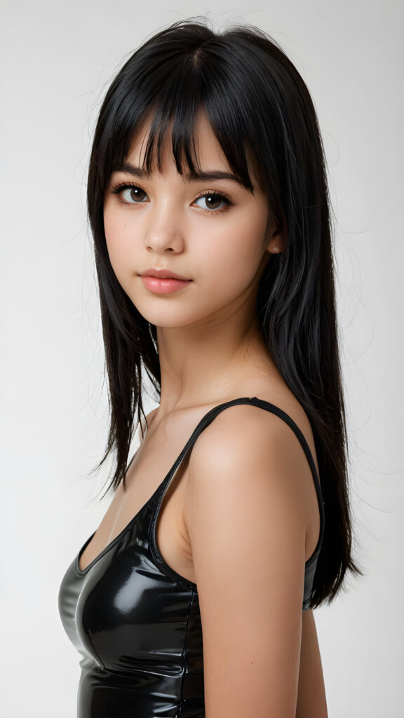 ((detailed, realistic)) ((portrait)) of (((cute and gorgeous))) ((long, straight black hair)) ((stunning)) a beautifully ((teen girl)), 15 years old, bangs cut, angelic round face, ((black eye)) looks at the camera, perfect curved body, (wears a super short tight (black tank top) made of latex), white background, side view, ((no background)), cinematic dimmed light