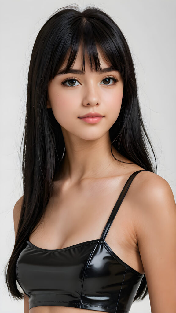 ((detailed, realistic)) ((portrait)) of (((cute and gorgeous))) ((long, straight black hair)) ((stunning)) a beautifully ((teen girl)), 15 years old, bangs cut, angelic round face, ((black eye)) looks at the camera, perfect curved body, (wears a super short tight (black crop top) made of latex), white background, side view, ((no background)), cinematic dimmed light