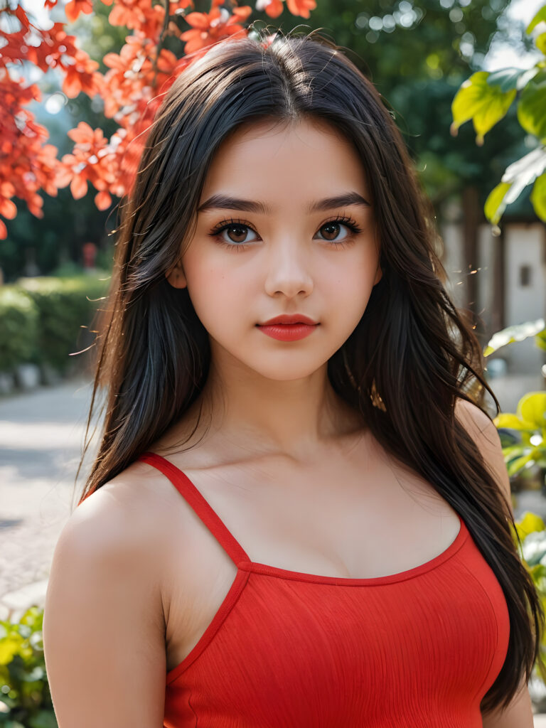 detailed, realistic upper body portrait: a 17 years teen girl with long soft black straight hair, black eyes, red bright lips, wearing a red mini crop top