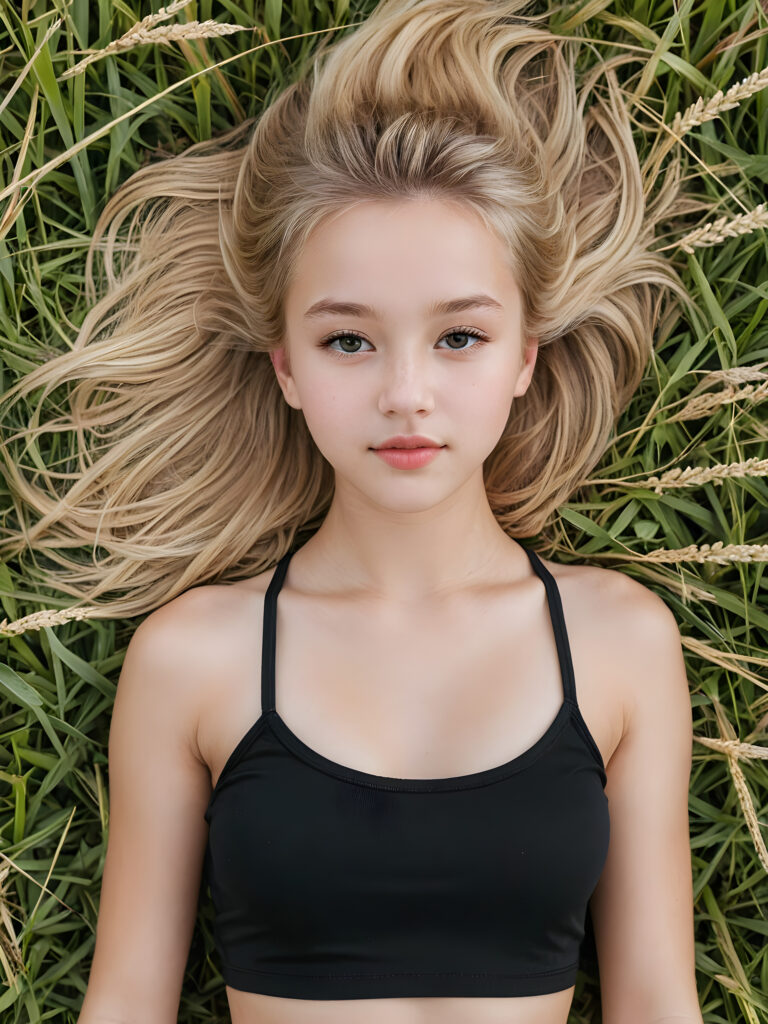 detailed shot: a young teen girl lies in a field, bird's eye view, full body, she has soft blond hair, ((crop top)), perfect fit body