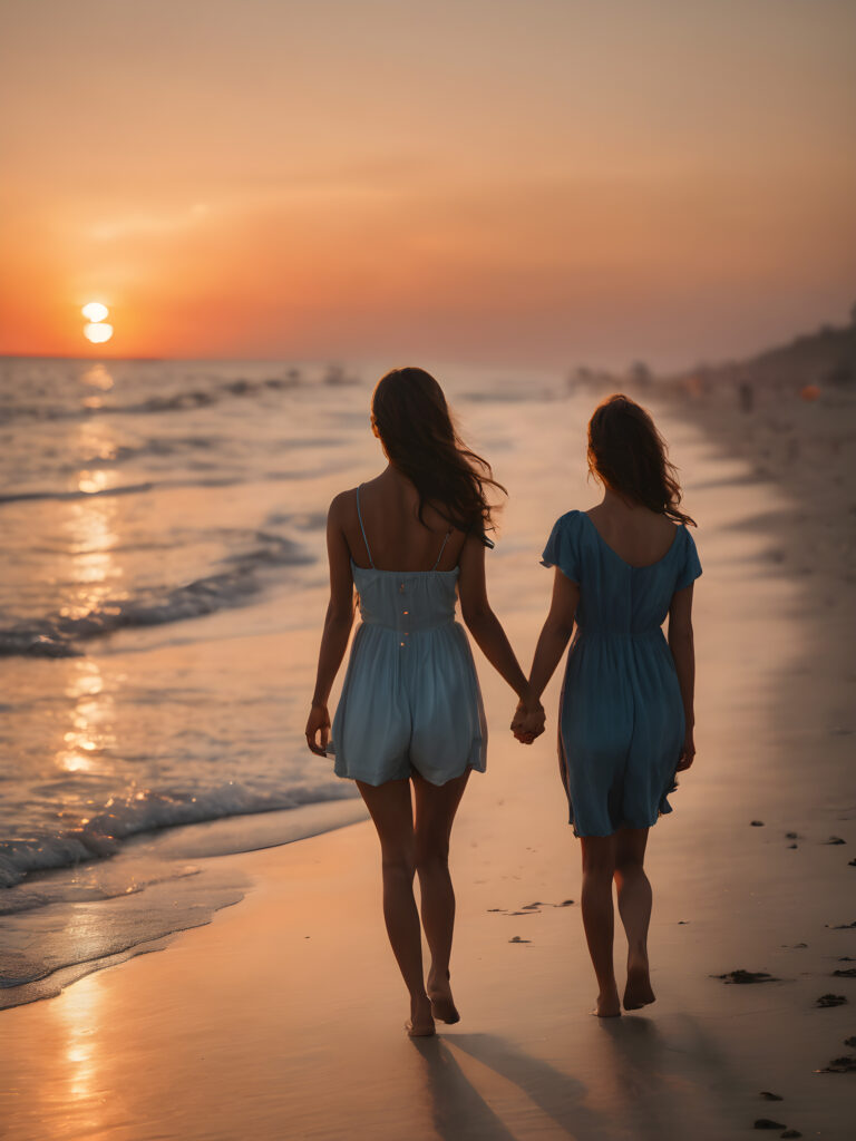 2 girls holding hands walking on the beach at sunset