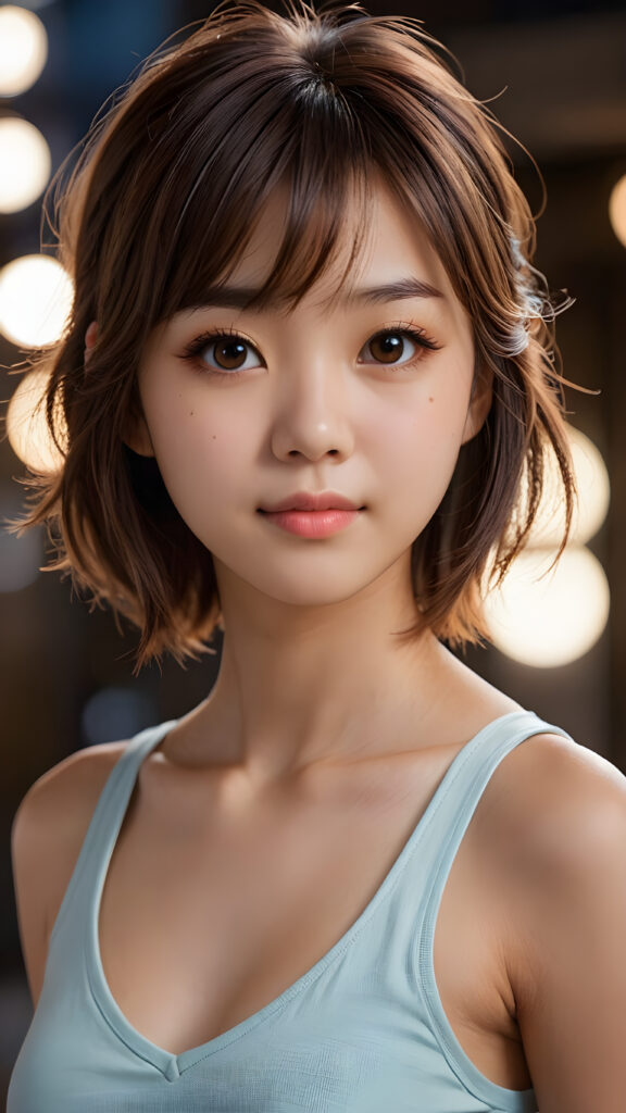 (elegant) (attractive) (stunning), a beautifully realistic, cinematic lights, (((Japanese teen girl))) 15 years old, bangs cut, realistic detailed angelic face, (((realistic detailed brown eye))) ((realistic and detailed soft hair)) looks happy at the camera, portrait shot, perfect curved, wears a super short tight (cropped tank top, deep v-neck), perfect anatomy, side perspective, ((no background))