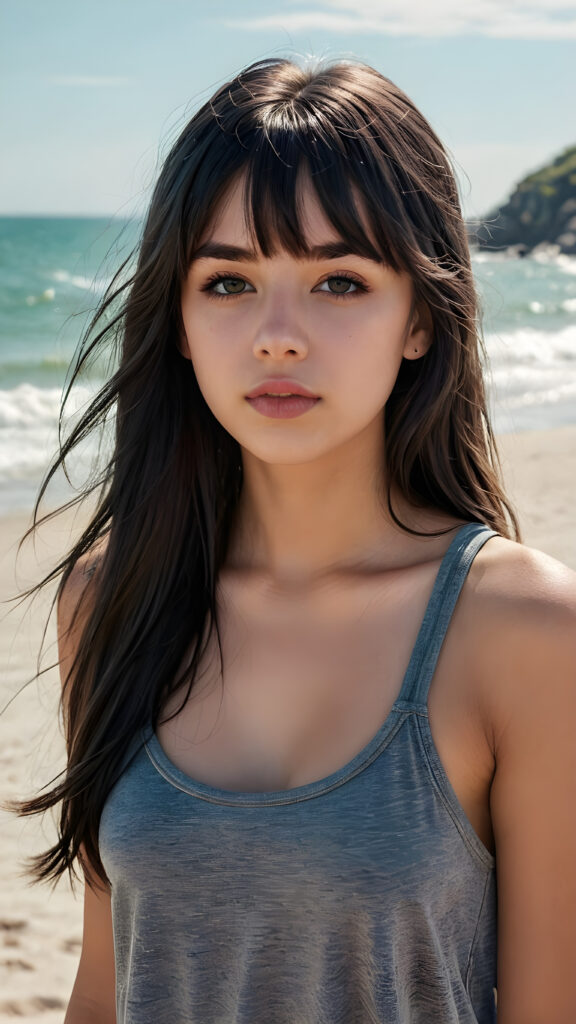 a realistic, detailed face, (((super cute))) (((petite))), (((emo teen girl))) with long, flowing (((dark grey super soft hair, bangs))), (((dark crop tank top))), (((vividly drawn full kissable lips))), all against a backdrop of a (serene, sandy beach)