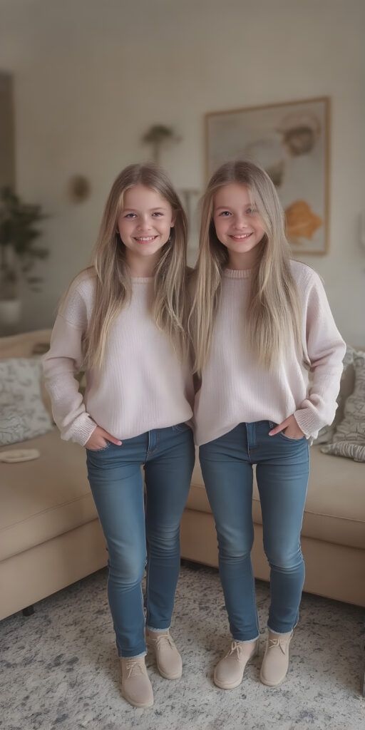 ((full body)) (((very cute))) (((gorgeous twins))) with flowing, very long, blond straight hair and ((smiling)) into the camera, wearing casual, comfy clothes, ((perfect anatomy)), in a cozy, warm living room. The room is (extremely clean and well-kept) with a modern color palette of (blue, white, and beige) that complements the soft lighting. The girls are ((lively and joyful)) in a playful yet sophisticated (young teen) portrait setting. Their outfits have ((pretty details)), like the classic sweater and jeans combo that exudes sophistication at a casual dining spot. They're (posing for photos) amidst a cozy living room, with their perfect bodies and faces getting full exposure. The scene feels straight out of a high-resolution, UHD image, capturing (two beautiful girls) who are (fashionably dressed) against a backdrop of a (super comfy living room).