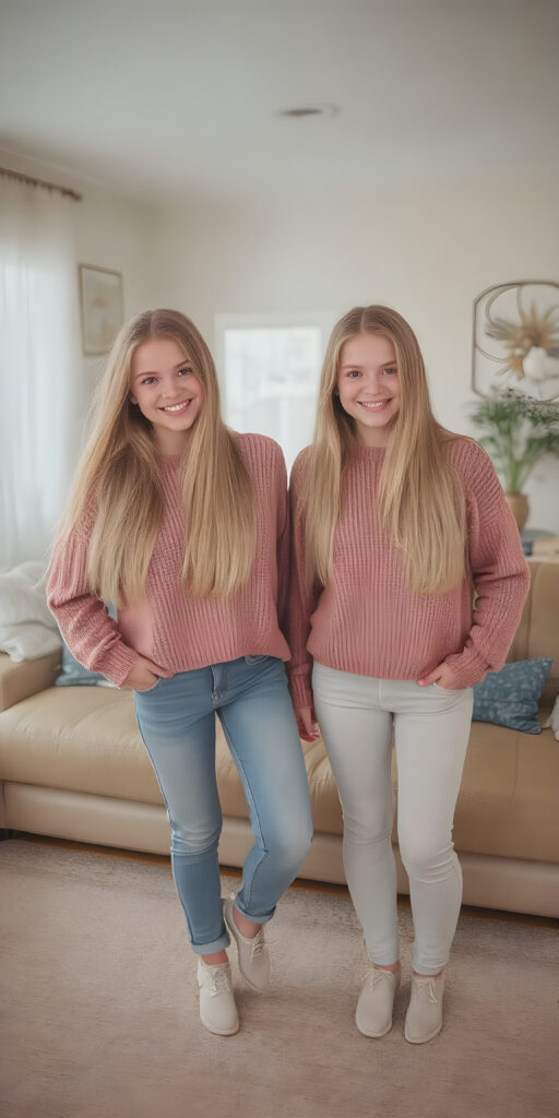 ((full body)) (((very cute))) (((gorgeous twins))) with flowing, very long, blond straight hair and ((smiling)) into the camera, wearing casual, comfy clothes, ((perfect anatomy)), in a cozy, warm living room. The room is (extremely clean and well-kept) with a modern color palette of (blue, white, and beige) that complements the soft lighting. The girls are ((lively and joyful)) in a playful yet sophisticated (young teen) portrait setting. Their outfits have ((pretty details)), like the classic sweater and jeans combo that exudes sophistication at a casual dining spot. They're (posing for photos) amidst a cozy living room, with their perfect bodies and faces getting full exposure. The scene feels straight out of a high-resolution, UHD image, capturing (two beautiful girls) who are (fashionably dressed) against a backdrop of a (super comfy living room).