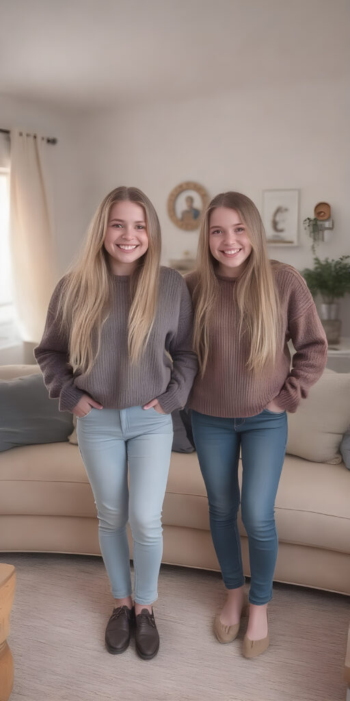 ((full body)) (((very cute))) (((gorgeous twins))) with flowing, very long, blond straight hair and ((smiling)) into the camera, wearing casual, comfy clothes, ((perfect anatomy)), in a cozy, warm living room. The room is (extremely clean and well-kept) with a modern color palette of (blue, white, and beige) that complements the soft lighting. The girls are ((lively and joyful)) in a playful yet sophisticated (young teen) portrait setting. Their outfits have ((pretty details)), like the classic sweater and jeans combo that exudes sophistication at a casual dining spot. They're (posing for photos) amidst a cozy living room, with their perfect bodies and faces getting full exposure. The scene feels straight out of a high-resolution, UHD image, capturing (two beautiful girls) who are (fashionably dressed) against a backdrop of a (super comfy living room).