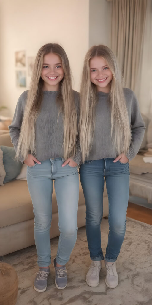 ((full body)) (((very cute))) (((gorgeous twins))) with flowing, very long, blond straight hair and ((smiling)) into the camera, wearing casual, comfy clothes, ((perfect anatomy)), in a cozy, warm living room. The room is (extremely clean and well-kept) with a modern color palette of (blue, white, and beige) that complements the soft lighting. The girls are ((lively and joyful)) in a playful yet sophisticated (young teen) portrait setting. Their outfits have ((pretty details)), like the classic sweater and jeans combo that exudes sophistication at a casual dining spot. They're (posing for photos) amidst a cozy living room, with their perfect bodies and faces getting full exposure. The scene feels straight out of a high-resolution, UHD image, capturing (two beautiful girls) who are (fashionably dressed) against a backdrop of a (super comfy living room).