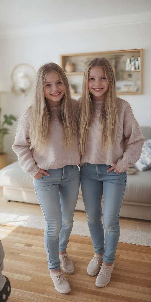 ((full body)) (((very cute))) (((gorgeous twins))) with flowing, very long, blond straight hair and ((smiling)) into the camera, wearing casual, comfy clothes, ((perfect anatomy)), in a cozy, warm living room. The room is (extremely clean and well-kept) with a modern color palette of (blue, white, and beige) that complements the soft lighting. The girls are ((lively and joyful)) in a playful yet sophisticated (young teen) portrait setting. Their outfits have ((pretty details)), like the classic sweater and jeans combo that exudes sophistication at a casual dining spot. They're (posing for photos) amidst a cozy living room, with their perfect bodies and faces getting full exposure. The scene feels straight out of a high-resolution, UHD image, capturing (two beautiful girls) who are (fashionably dressed) against a backdrop of a (super comfy living room).