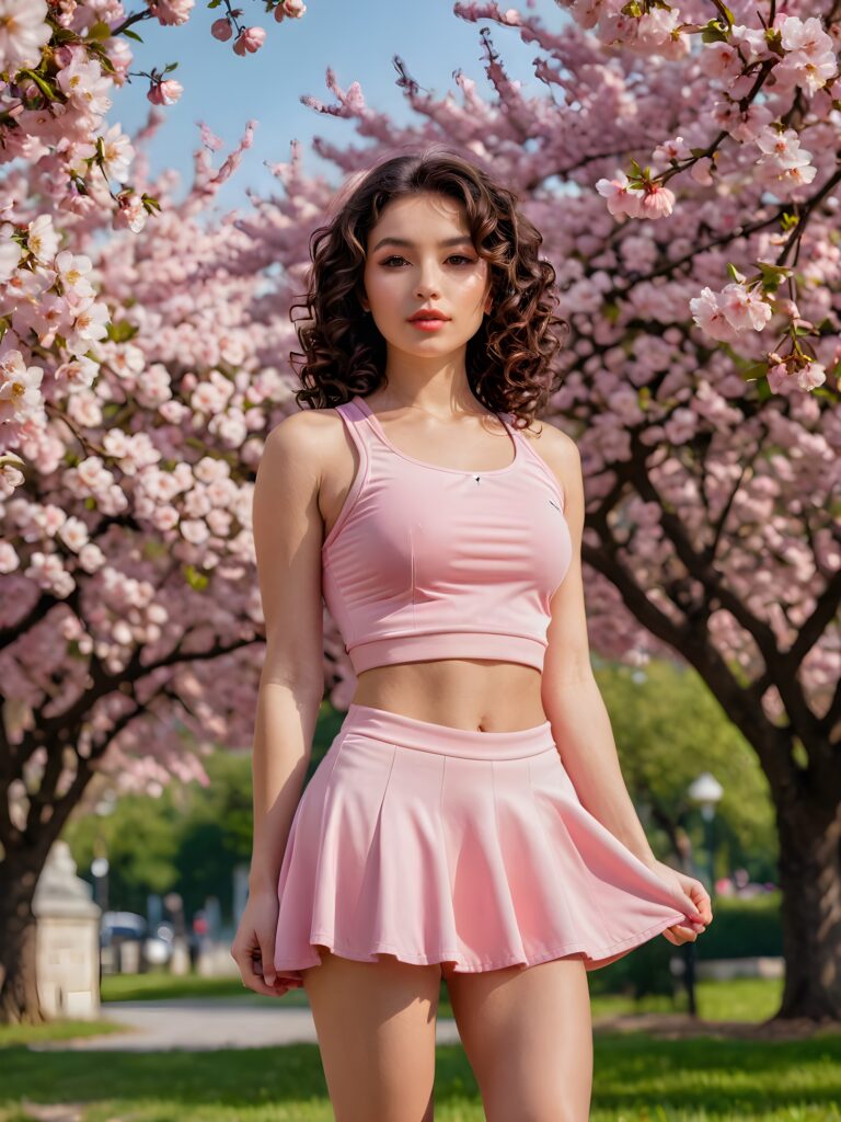 ((full body)) ((cute)) (((gorgeous)) ((stunning)) a (((beautiful babe))), with flowing, (((dark curls))), (((full lips))), (((round angelic face))), dressed in a (((pink short sport top))), (((short pink mini skirt))), posing in an cherry blossom