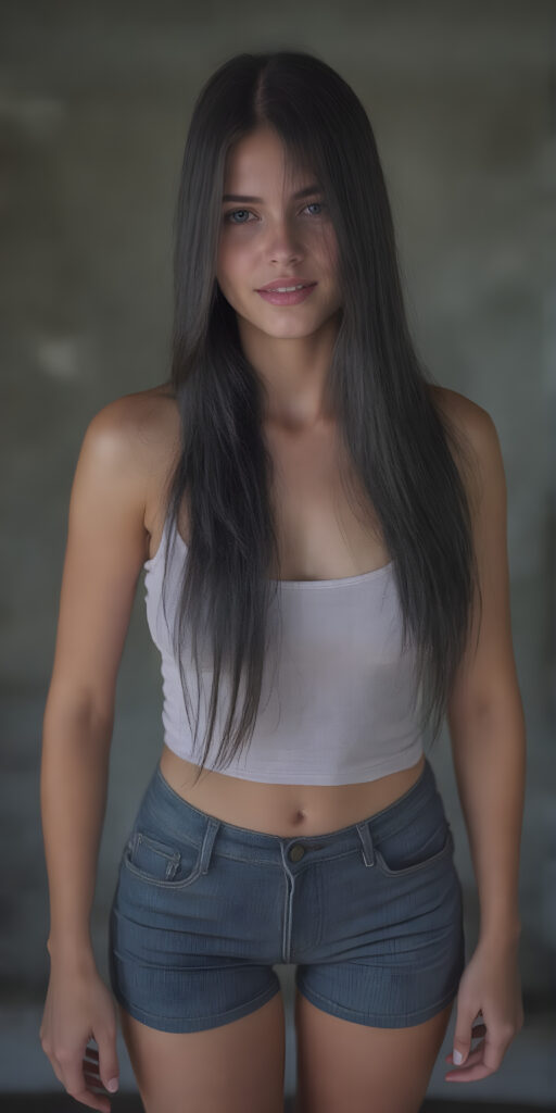 full body, a girl, soft straight very long black hair, her hair falls over her upper body and covers her front, super short jeans pants, super short cropped tank top, ((detailed and realistic)), stunning, gorgeous, she stands in front of the viewer, smile