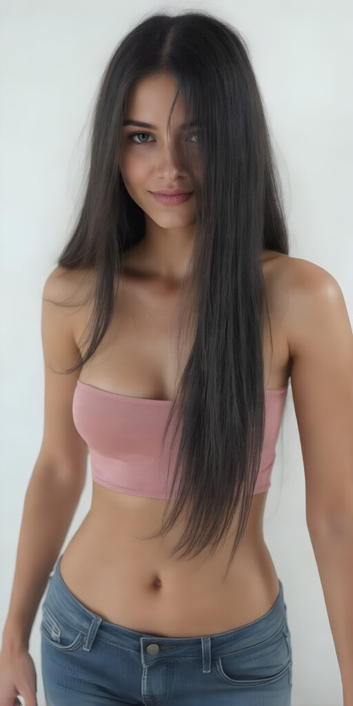 full body, a girl, soft straight very long black hair, her hair falls over her upper body and covers her front, super short jeans pants, super short cropped tank top, ((detailed and realistic)), stunning, gorgeous, she stands in front of the viewer, smile