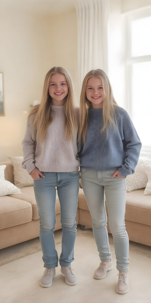 ((full body)) (((very cute))) (((gorgeous twins))) with flowing, very long, blond straight hair and ((smiling)) into the camera, wearing casual, comfy clothes, ((perfect anatomy)), in a cozy, warm living room. The room is (extremely clean and well-kept) with a modern color palette of (blue, white, and beige) that complements the soft lighting. The girls are ((lively and joyful)) in a playful yet sophisticated (young teen) portrait setting. Their outfits have ((pretty details)), like the classic sweater and jeans combo that exudes sophistication at a casual dining spot. They're (posing for photos) amidst a cozy living room, with their perfect bodies and faces getting full exposure. The scene feels straight out of a high-resolution, UHD image, capturing (two beautiful girls) who are (fashionably dressed) against a backdrop of a (super comfy living room).