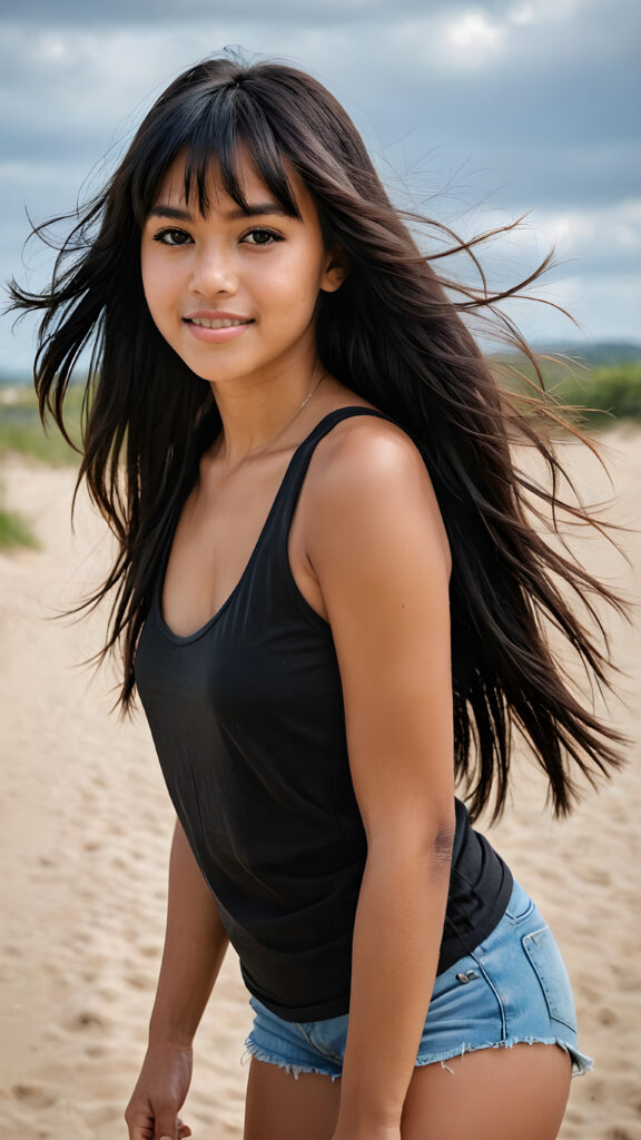 full body of pretty brown-skinned indigenous girl with long black soft straight hair, bangs cut, brown eyes, gentle smile, wearing a tank top. Brown skin, straight black hair, bangs cut, unique, beautiful, cute, pretty face, full body, slim, short stature, little shoes on her feet, unique, beautiful, cute, straight black hair with bangs cut. Her hair was blown away by the strong wind. (((Blowing hair)))