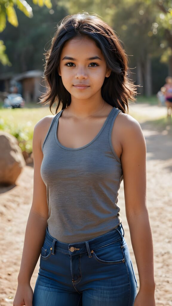 full body of pretty brown-skinned indigenous teen girl with black soft hair, brown eyes, wearing a short tank top