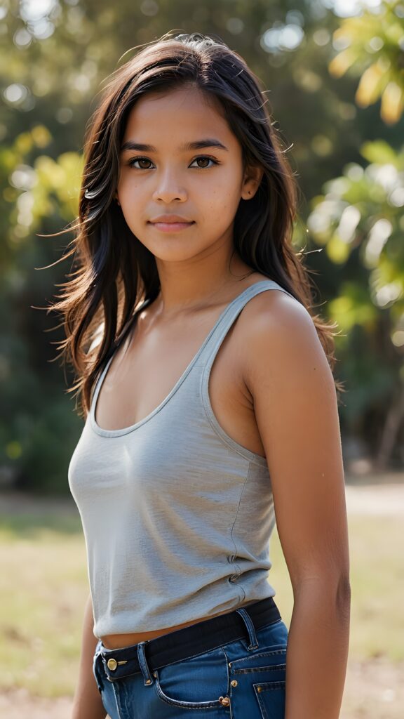 full body of pretty brown-skinned indigenous teen girl with black soft hair, brown eyes, wearing a short tank top