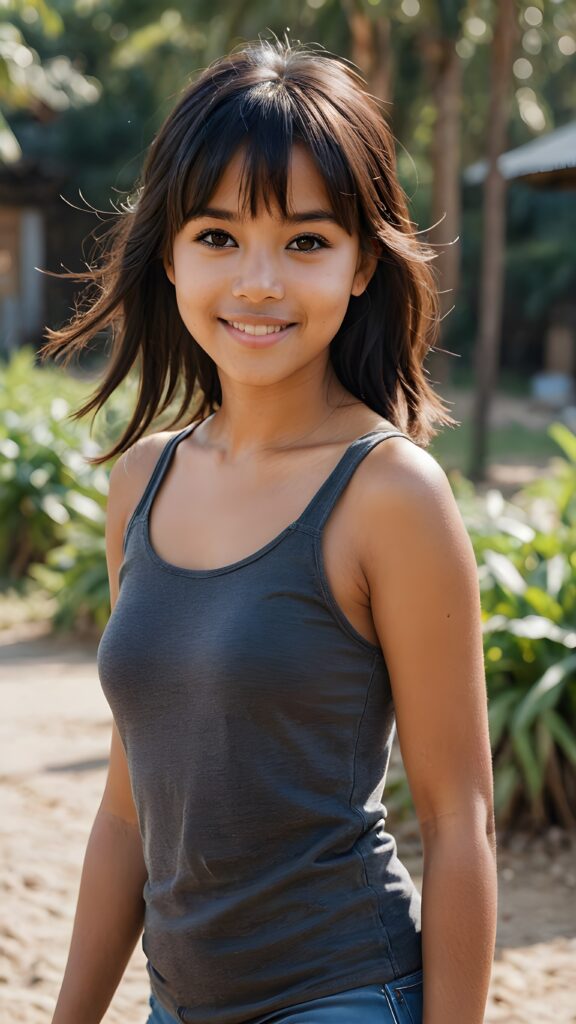 full body of pretty brown-skinned indigenous girl with black soft straight hair, bangs cut, brown eyes, gentle smile, wearing a tank top