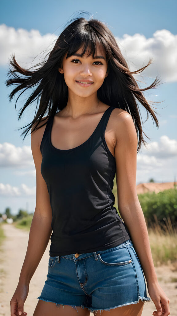 full body of pretty brown-skinned indigenous girl with long black soft straight hair, bangs cut, brown eyes, gentle smile, wearing a tank top. Brown skin, straight black hair, bangs cut, unique, beautiful, cute, pretty face, full body, slim, short stature, little shoes on her feet, unique, beautiful, cute, straight black hair with bangs cut. Her hair was blown away by the strong wind. (((Blowing hair)))