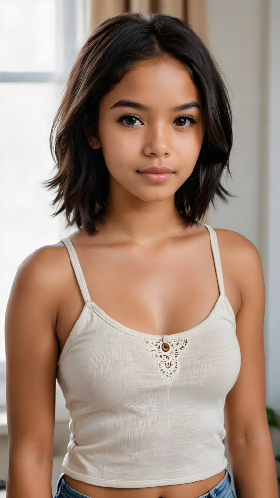 full body of pretty brown-skinned indigenous teen girl with black soft hair, brown eyes, wearing a short plain tank top that support her perfect body