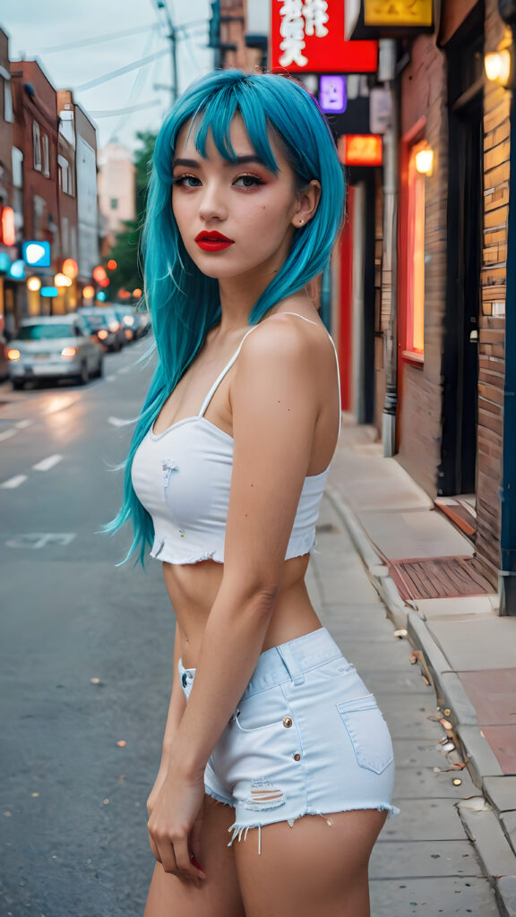 ((full body photo)) of a (posh) busted girl ((confidently)) posing in the street, long ((neon blue hair, bangs cut)), ((red lipstick)), ((short spandex crop top)), ((white tattered shorts))