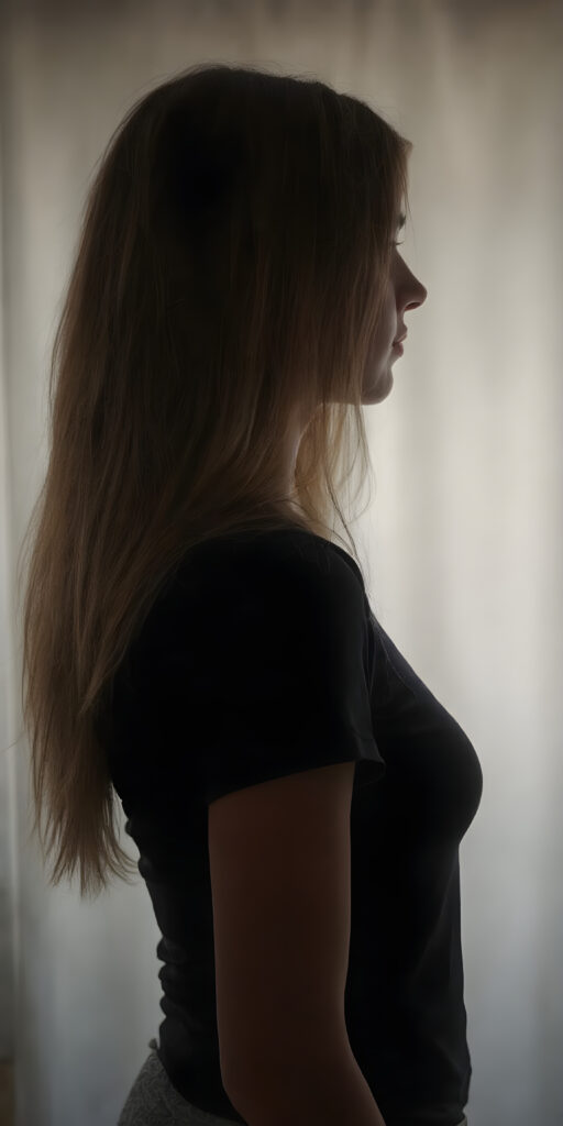 full body pictures, a silhouette of a young girl with long straight soft hair. Side view. She has a perfectly formed body and her feminine curves are set in scene, a white curtain is in the background, she wears a tight black t-shirt