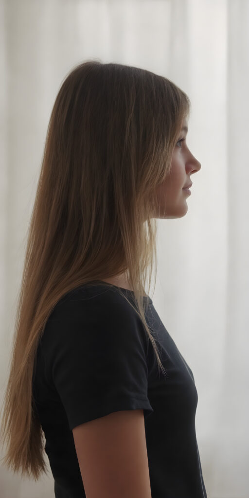 full body pictures, a silhouette of a young girl with long straight soft hair. Side view. She has a perfectly formed body and her feminine curves are set in scene, a white curtain is in the background, she wears a tight black t-shirt