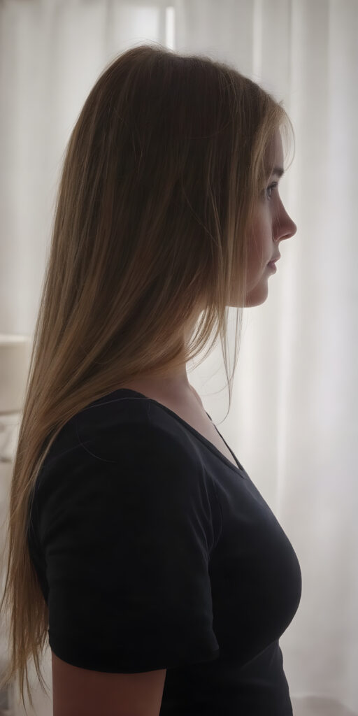 full body pictures, a silhouette of a young girl with long straight soft hair. Side view. She has a perfectly formed body and her feminine curves are set in scene, a white curtain is in the background, she wears a tight black t-shirt